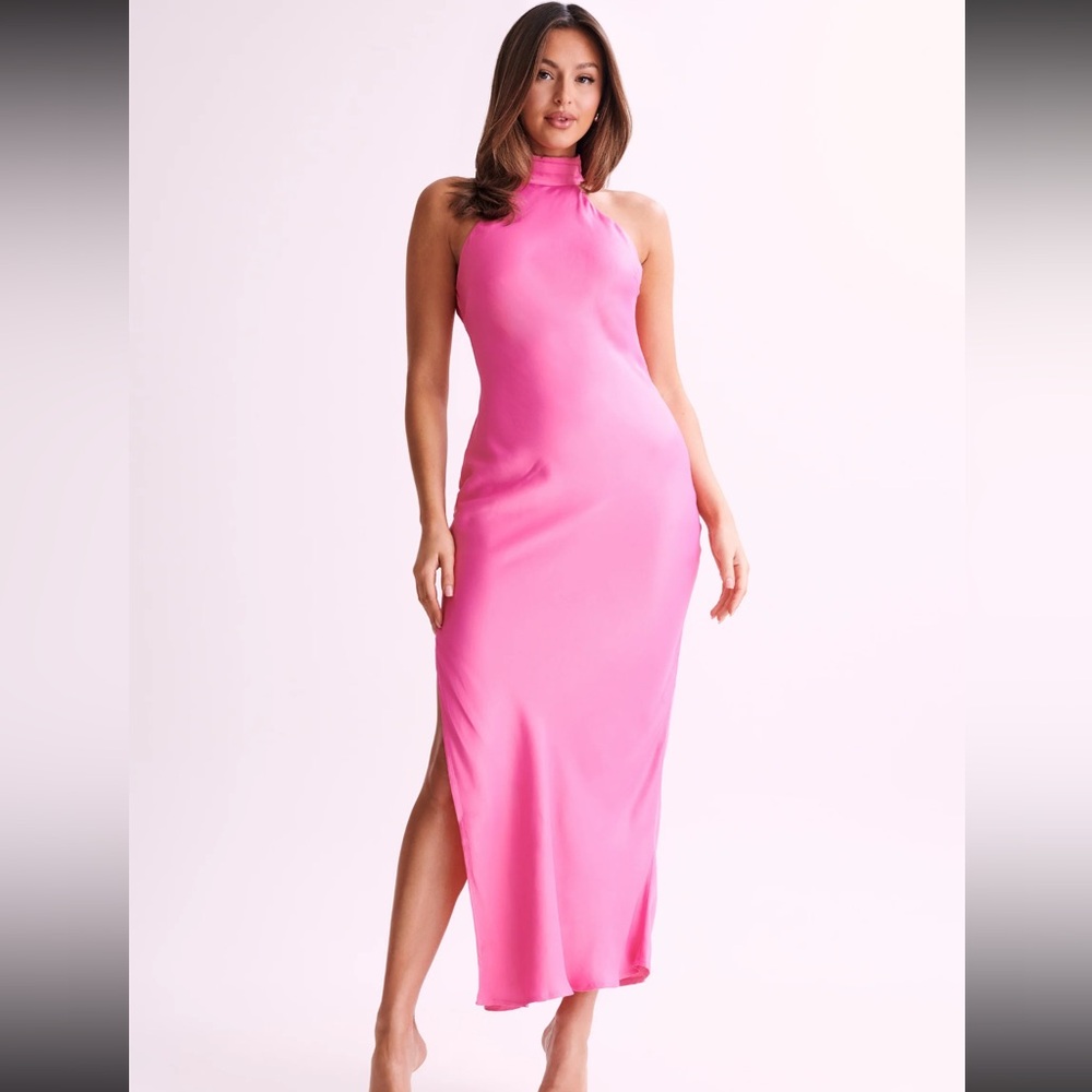 Pink Halter Sheath Dress with Slit